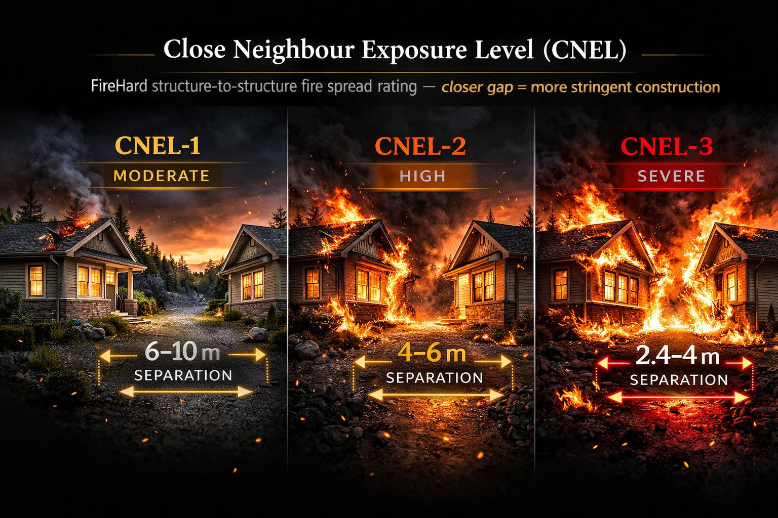 Three CNEL tiers: CNEL-1 moderate (6-10m separation), CNEL-2 high (4-6m), CNEL-3 severe (2.4-4m)