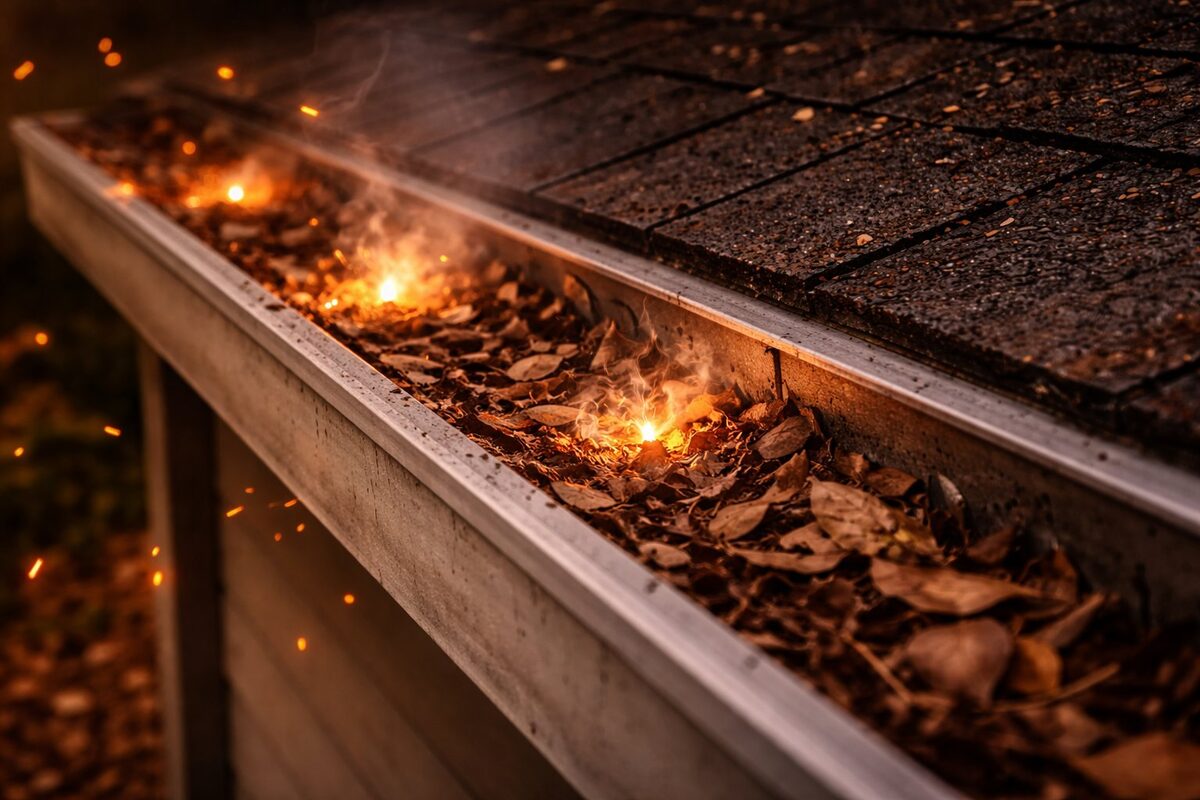 Embers igniting dry leaves in a roof gutter — the most common way homes catch fire during wildfire events