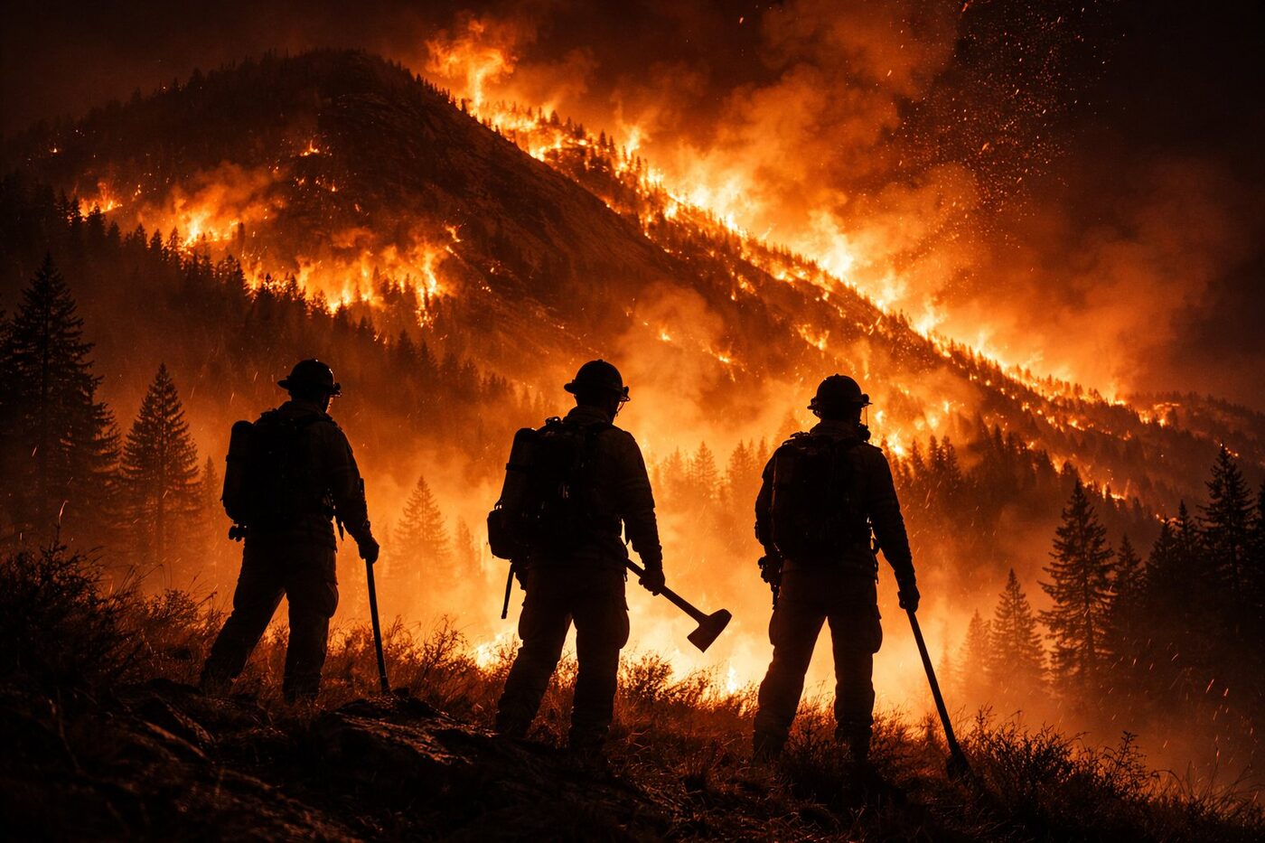 Wildfire fighters silhouetted against a mountain fire — the reality of wildfire season in British Columbia