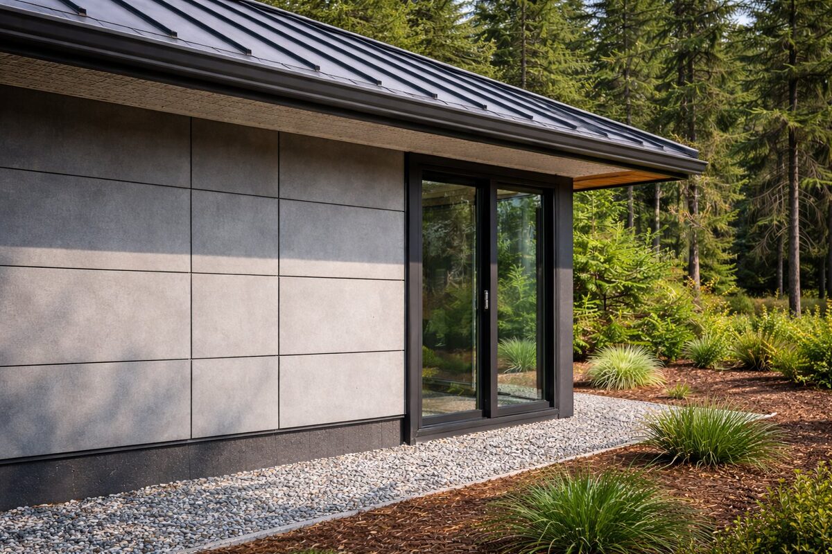 Fire-resistant home construction: metal standing-seam roof, fibre cement panels, tempered glass, and gravel perimeter strip