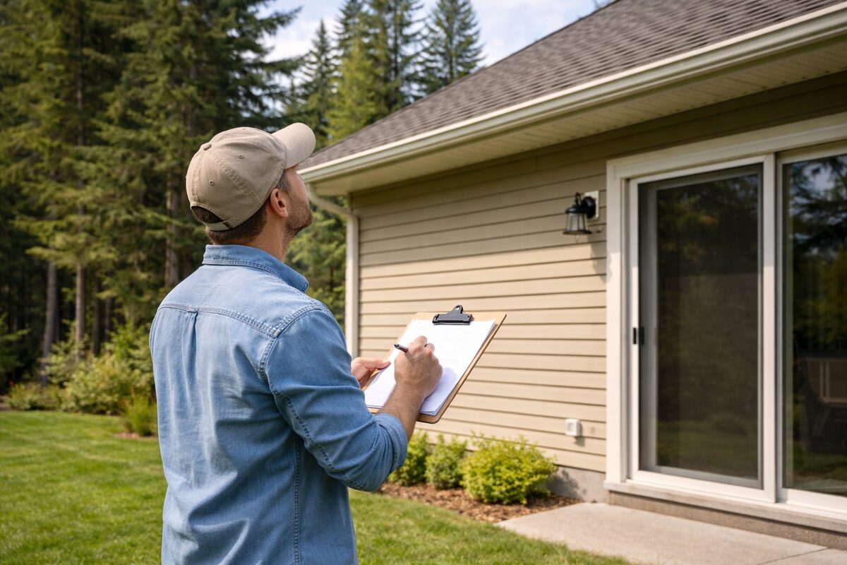 Homeowner assessing their home exterior with a clipboard — exactly how the FireHard WER assessment works