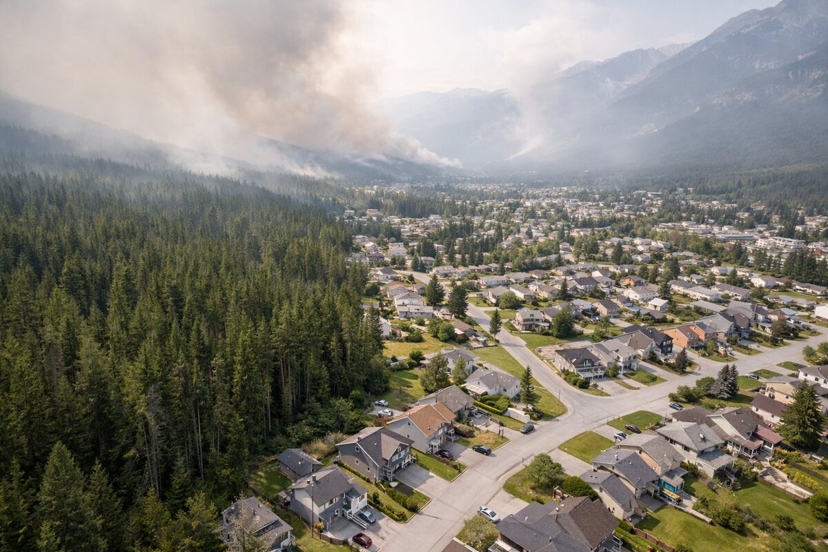 Aerial view of a Canadian mountain town — homes backing directly onto dense coniferous forest with wildfire smoke on the horizon